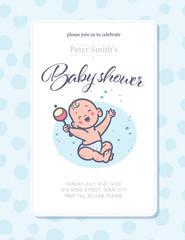Baby shower card / invitation / poster design template with cute baby boy infant sit with rattle toy, pattern isolated. Vector flat illustration.