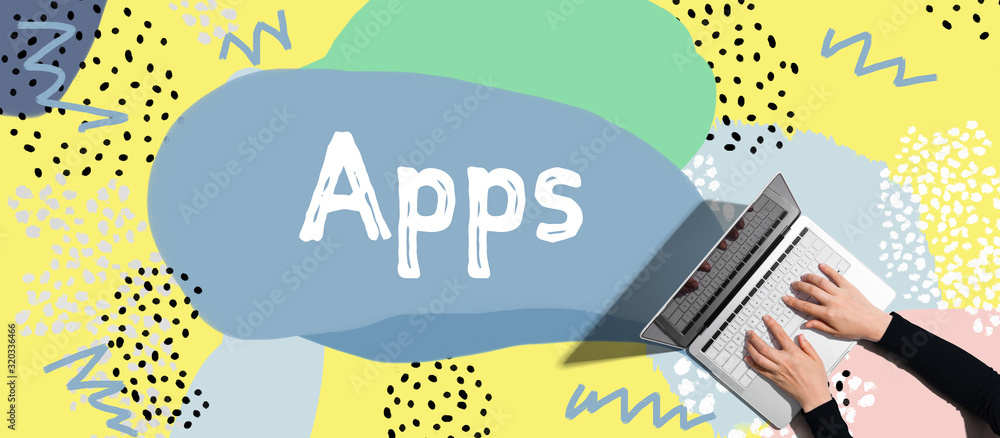 Poster apps with person using a laptop computer