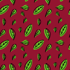 Simple colorful pattern with abstract leaves on muted red background