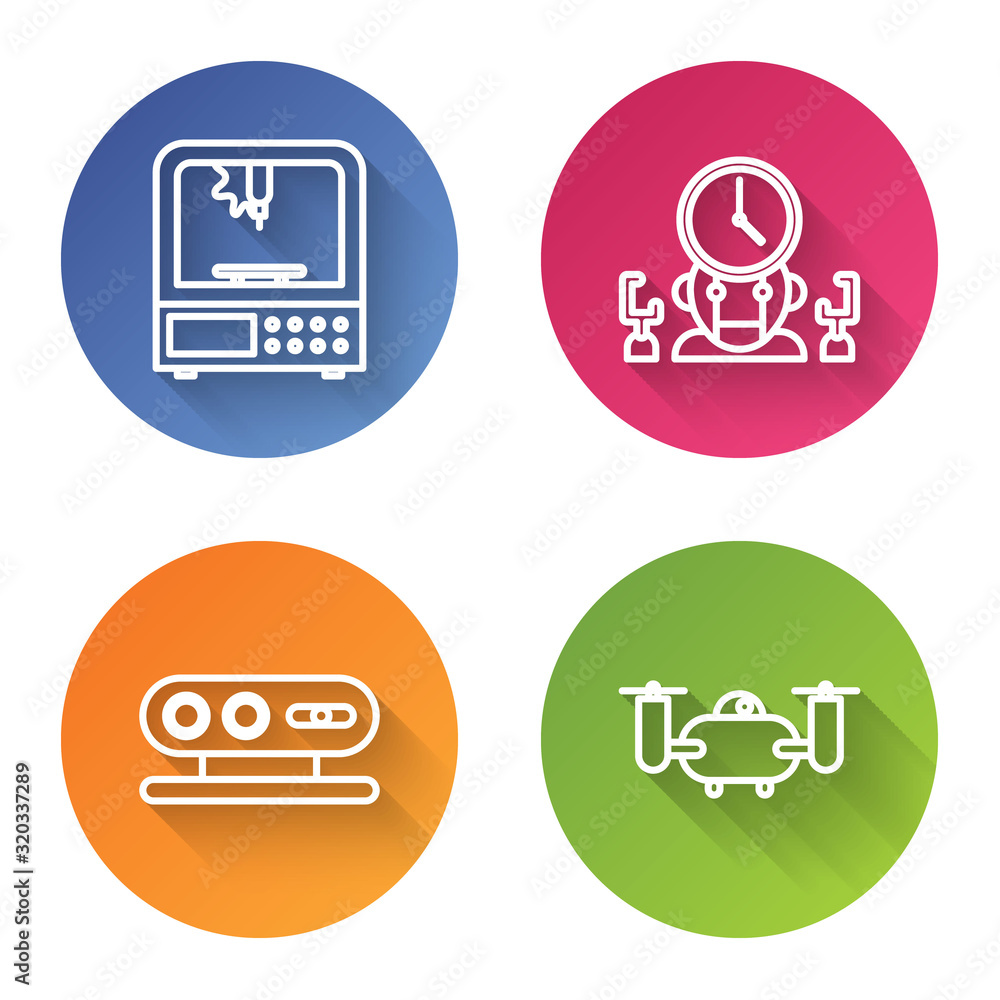 Poster Set line 3D printer, Robot and digital time manager, 3d scanning system and Drone flying with action camera. Color circle button. Vector