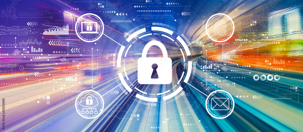 Poster internet network security concept with abstract high speed technology pov motion blur