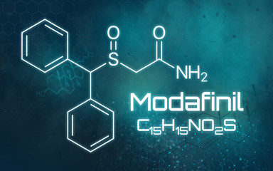 Chemical formula of Modafinil on a futuristic background