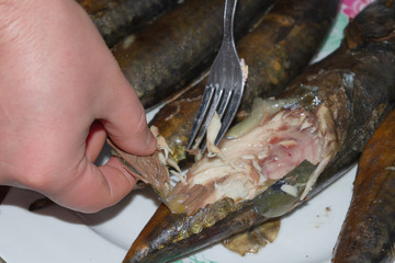 Smoked fresh fish mackerel lies hot on a ceramic plate