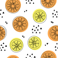 Citrus lemon and orange seamless pattern hand drawn ink outline