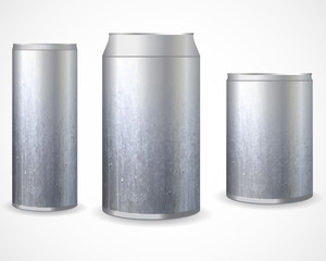 Realistic metal cans. Aluminum bear soda and lemonade cans, energy drink blank mockup.