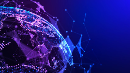 Global world map. Futuristic concept background with planet Earth. Internet and technology. Blue background. 3d illustration.