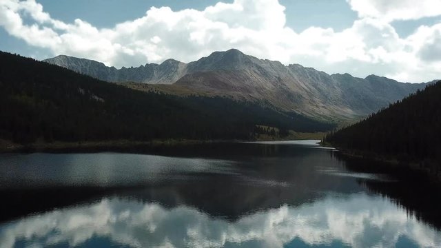 Beautiful drone shot over lake with the mountains and sky with big clouds in the background