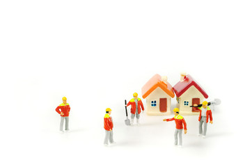 Selective focus miniature foreman command and assigning job for workers, discussing meeting and...