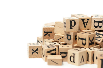 English alphabet cube wooden blocks for children learn and play for skill development.