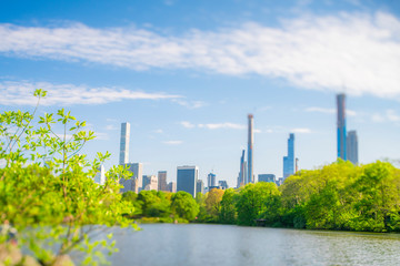Obraz premium Midtown Manhattan skyscraper stand beyond the many growing fresh green trees along The Lake in Central Park in Central Park New York City NY USA on May. 08 2019.