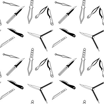 Monochrome seamless pattern with throwing knives and butterfly knives