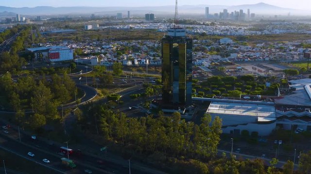 Drone flight. The Periferico Avenue, the Corey Tower and the Concentro compound in Zapopan (Guadalajara), Jalisco, Mexico.
