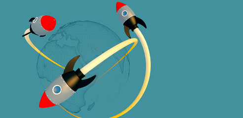 3D illustration business metaphor Progress and innovation technology with red rocket launch orbit around global earth business successful Leadership motivation concept.