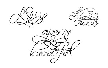 Romance set lettering for celebration decoration design. You are so beautiful, kiss me, love. Handdrawn phrase, Vector template. Love sign for Invitation, greeting card isolated on white background