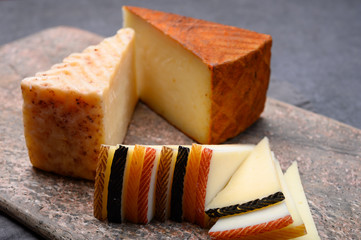 Cheese collection, variety of Spanish manchego cheese made from cow and goat milk