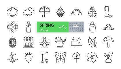 Vector set of 25 spring icons with editable stroke. sun, clouds with rain, umbrella, boot, rainbow, beehive, flower, love, ladybug, bucket, worm, easter egg, carrot, watering can, birdhouse, leaves