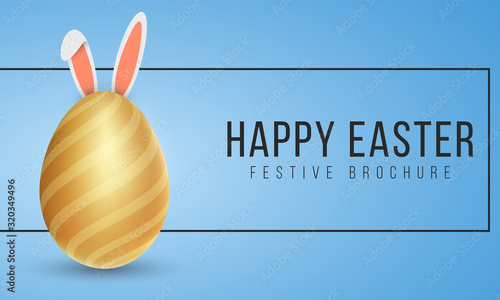 Poster easter golden egg with a pattern and rabbit ears on a blue background. black frame with text. holida