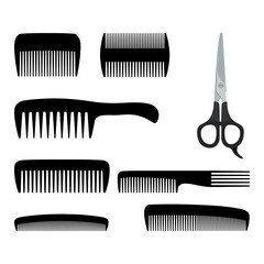 Collection of combs and scissors for hairdressing. Abstract concept, icon set. Vector illustration.