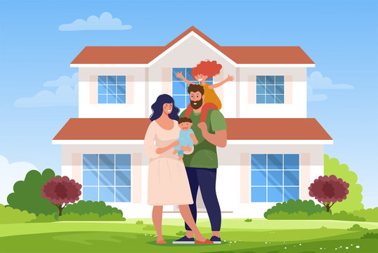 A happy family is standing at the new house. Concept illustration, buying a house, mortgage, home rental, realtor services. Flat cartoon vector illustration.