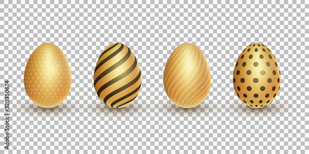 Poster easter golden glossy 3d eggs with a pattern on a transparent background. holiday elements for your p