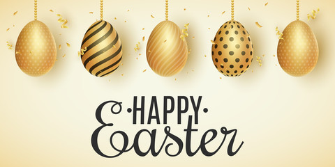 Happy Easter greeting card. Hanging golden eggs with a pattern on a light background. Festive lettering. Vector illustration
