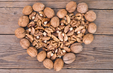 Walnuts whole and nuts in the shape of heart