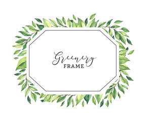 Watercolor botanical illustration. Greenery frame clipart. Frame in rhombus shape with fresh green leaves and branches. Perfect for wedding invitations, greeting cards, blogs, posters, postcards