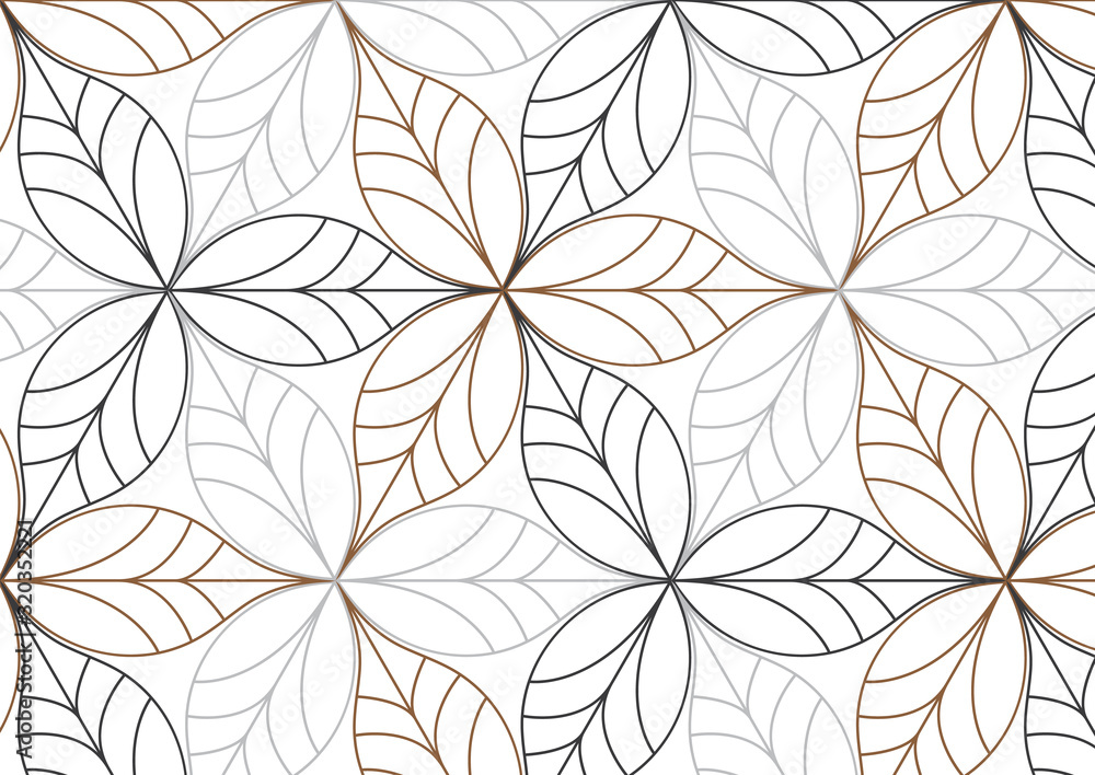 Wall mural linear vector pattern, repeating abstract geometry background, gray line of leaf or flower, floral. 