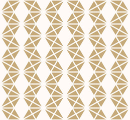 Golden triangles seamless pattern. Vector abstract gold and white geometric texture. Simple minimalist graphic background with small triangles, rhombuses, grid, zigzag stripes. Luxury repeat design