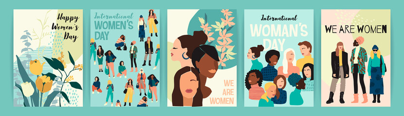 Vector set of illustrations with abstract women with different skin colors. International Womens Day. Struggle for freedom, independence, equality.