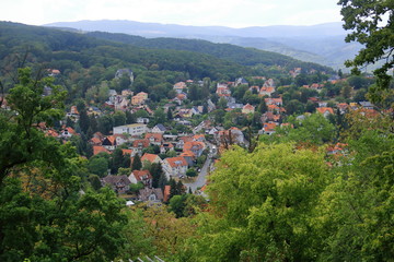 Fototapeta na wymiar Panorama of the city Wernigerode with houses and blue sky