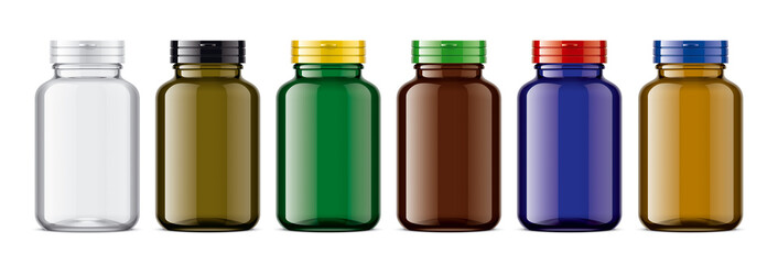 Set of Colored bottles for pills. Glossy transparent version. 