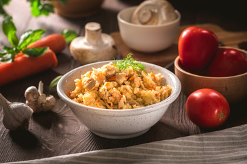 Rice pilaf with chicken meat and vegetables