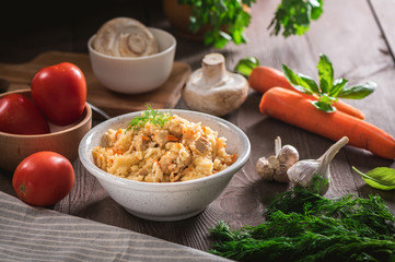 Rice pilaf with chicken meat and vegetables