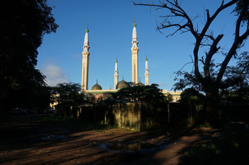 Fototapeta na wymiar Impressive Conakry Grand Mosque, view from Botanical Garden. One of the largest mosques in Africa was built on a donation primarily from the King of the Saudis. Grande mosquée de Conakry, Guinea.