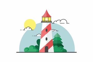 Red and white lighthouse among bushes and trees against a blue sky with clouds. Vector image of the lighthouse.