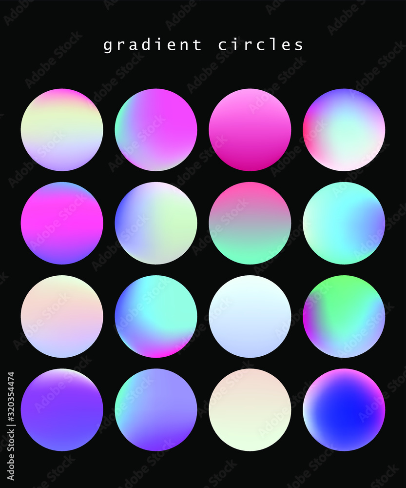 Poster set of vibrant gradient spheres or circles on dark background.