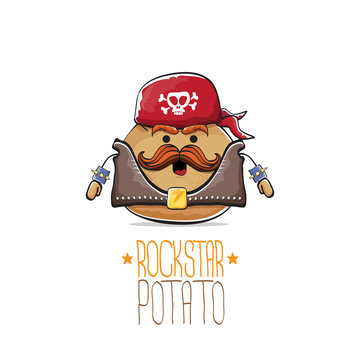 vector rock star potato funny cartoon cute character with bandana, leather jacket, sunglasses and moustache isolated on white background. rock n roll hipster vegetable funky character