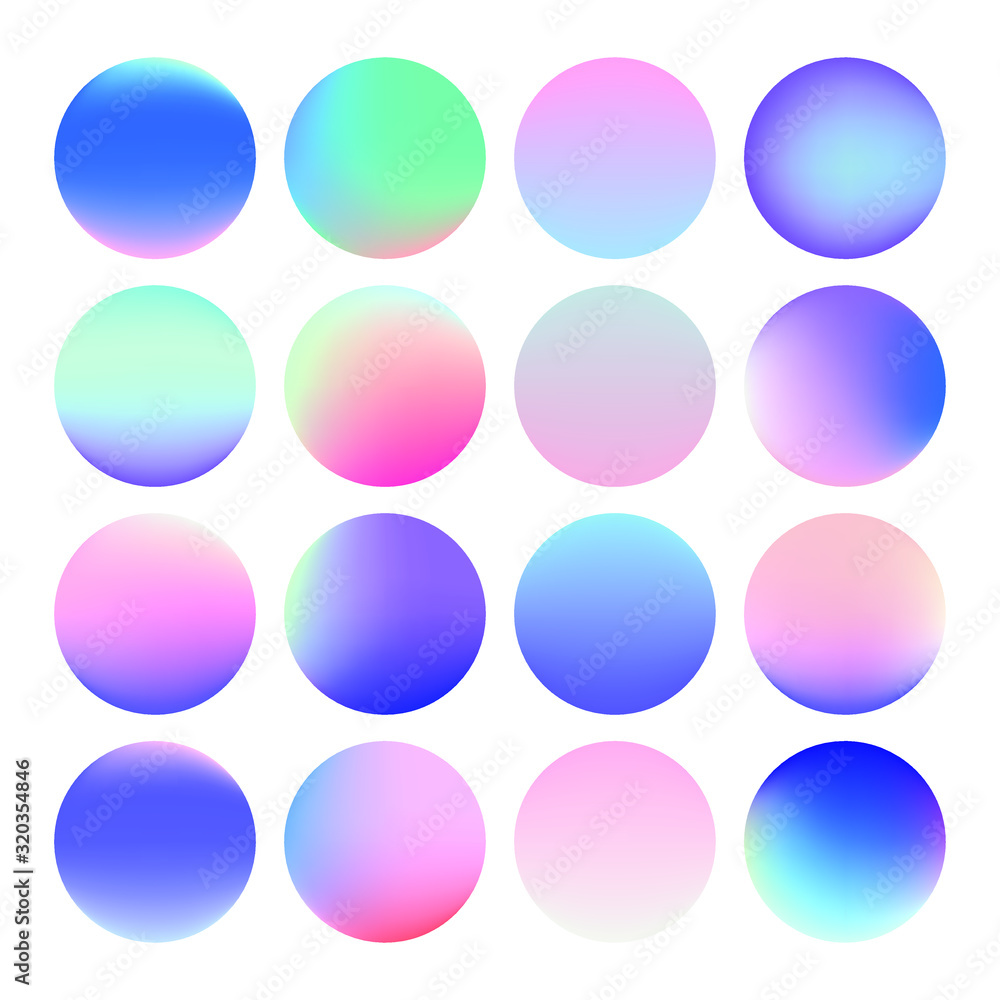 Poster set of vibrant gradient spheres or circles on white background.