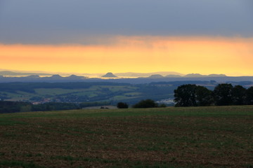 Sunrise over the Saxon Switzerland, rocks Lilienstein, fortress Koenigstein