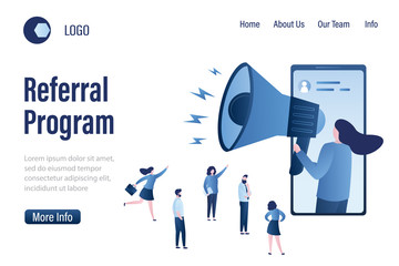  Woman with loudspeaker and various businesspeople.Referral program landing page template.