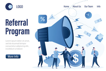Referral program landing page template. Customer attraction or promotion campaign. Influencer and Target marketing and advertising