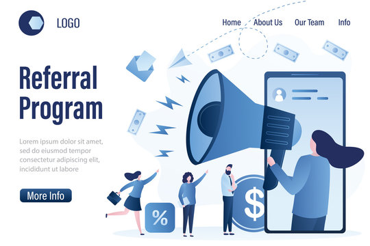 Referral program landing page template. Woman with loudspeaker and various businesspeople