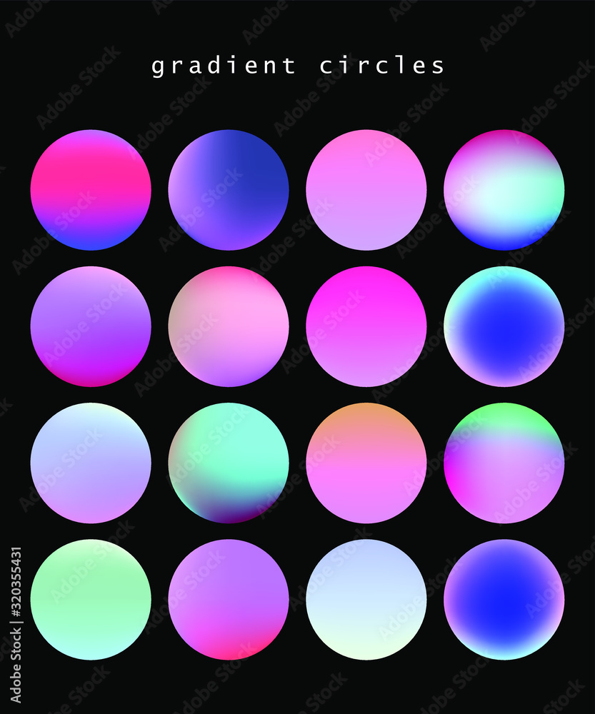 Poster set of vibrant gradient spheres or circles on dark background.