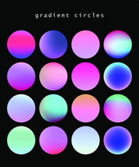 Set of vibrant gradient spheres or circles on dark background. 
