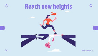 Careerist Reach Goal Walk over Heads Website Landing Page. Business Woman with Red Flag Overcome Broken Bridge Going by Back of Businessman Opponent Web Page Banner. Cartoon Flat Vector Illustration