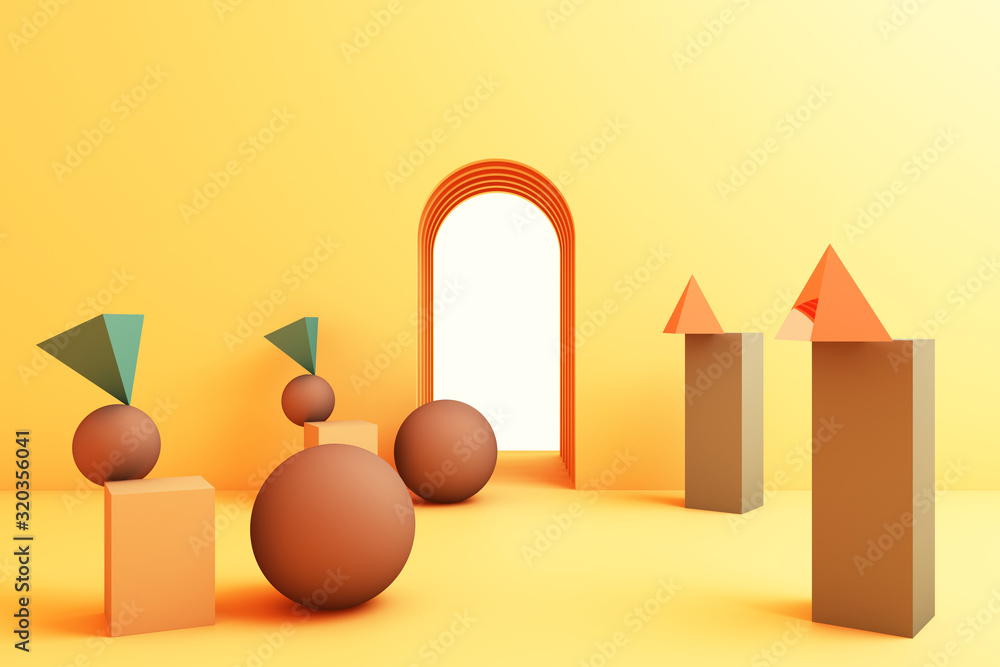 Poster minimal abstract background abstract geometric shape group set yellow color 3d rendering