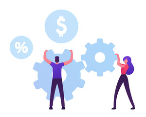 Man and Woman Moving Huge Cogwheels Mechanism with Hands, Businesswoman and Businessman Rolling Gears Developing New Strategy or Creative Idea. Sop Working Process. Cartoon Flat Vector Illustration