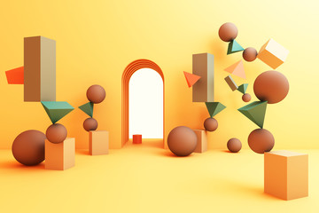 minimal abstract background abstract geometric shape group set yellow color 3d rendering