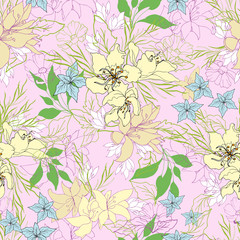 Spring pink background with tropical flowers. Vector seamless pattern for cards, paper, fabric and tiles.